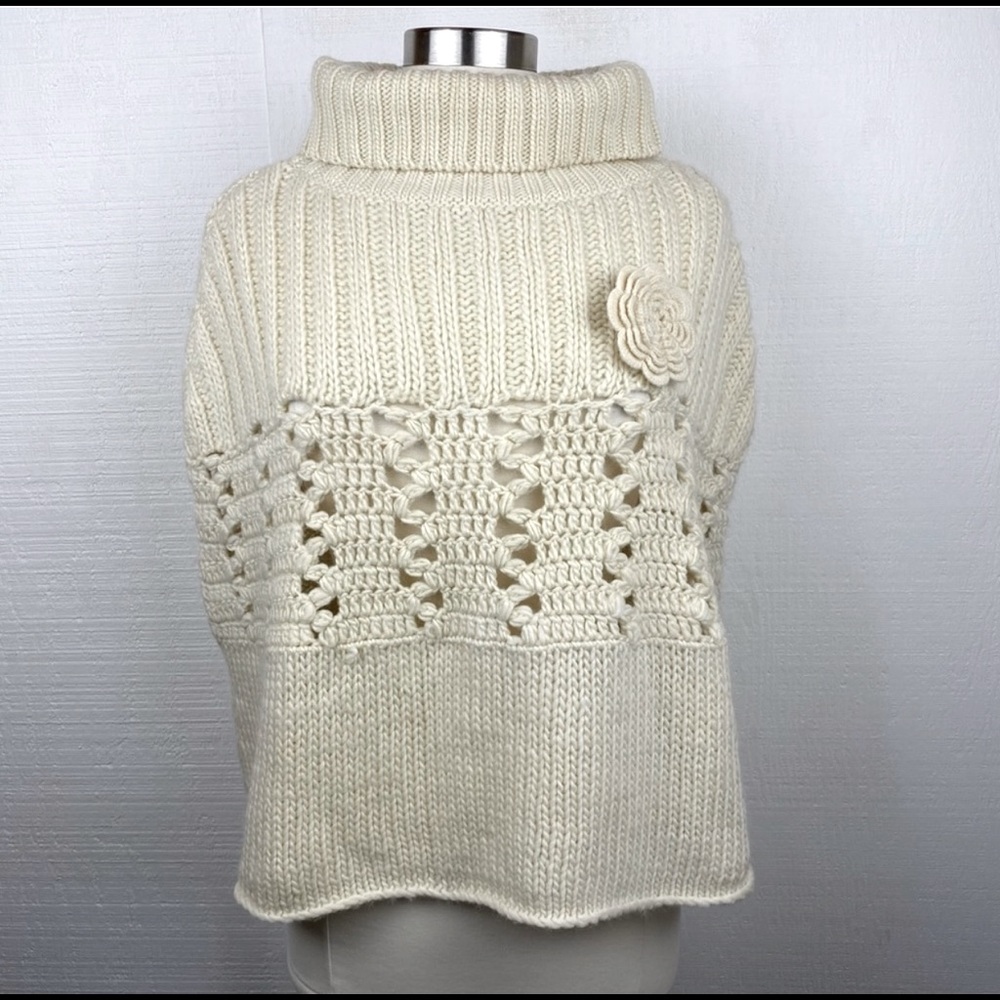 ANTHROPOLOGIE SLEEPING ON SNOW CHUNKY PONCHO 100% WOOL CREAM ONE SIZE FITS ALL
